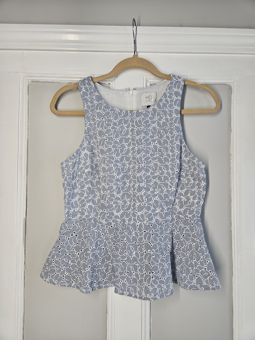 HD in Paris Blue Eyelet Peplum Tank Top Sz 6 PTP=16.5